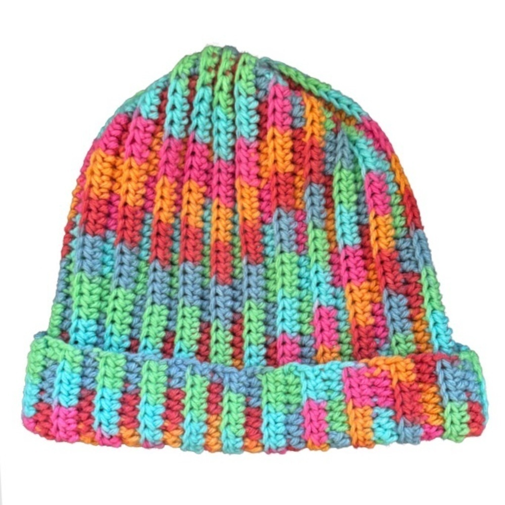 Handmade crochet rainbow color beanie colorful outdoors